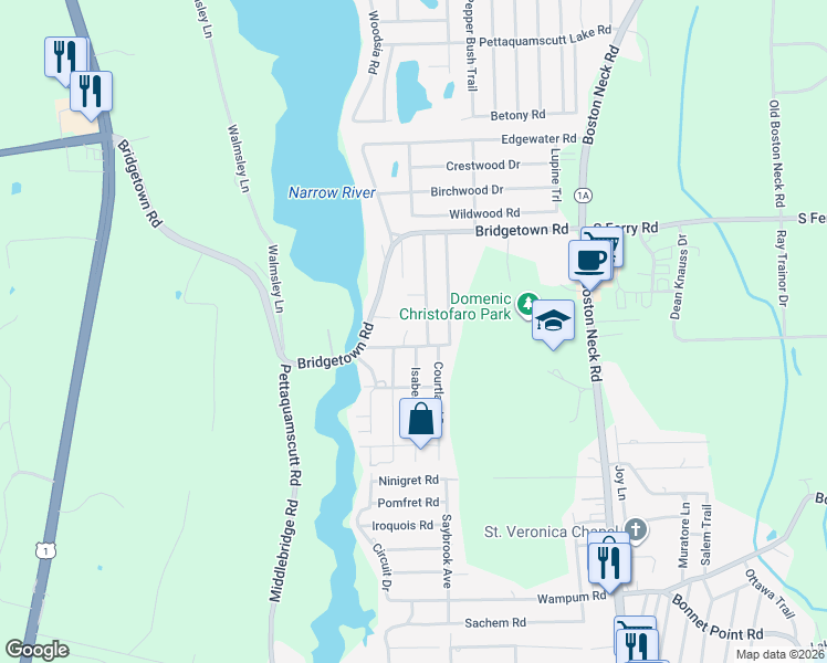 map of restaurants, bars, coffee shops, grocery stores, and more near 2 Lakeview Drive in Narragansett