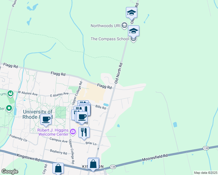 map of restaurants, bars, coffee shops, grocery stores, and more near 322 Old North Road in South Kingstown