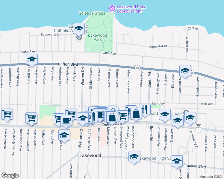 map of restaurants, bars, coffee shops, grocery stores, and more near 1289 Marlowe Avenue in Lakewood