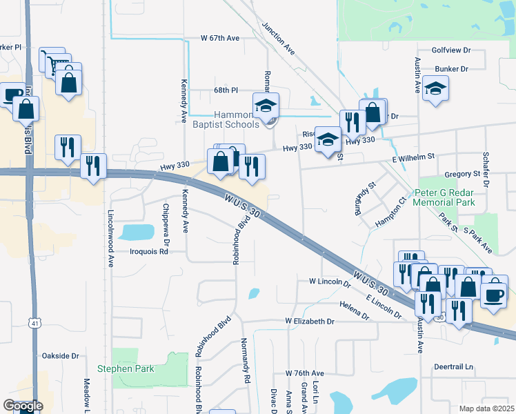 map of restaurants, bars, coffee shops, grocery stores, and more near 144 West Lincoln Highway in Schererville
