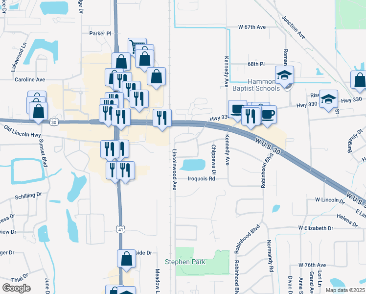 map of restaurants, bars, coffee shops, grocery stores, and more near 540 Miami Road in Schererville