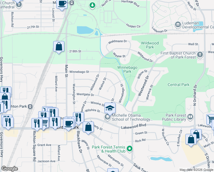 map of restaurants, bars, coffee shops, grocery stores, and more near 20 Wilson Court in Park Forest