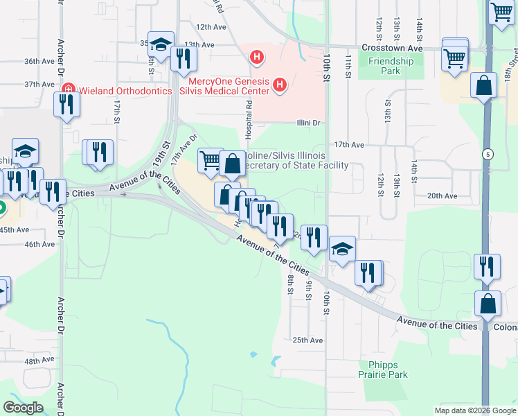 map of restaurants, bars, coffee shops, grocery stores, and more near 985 22nd Avenue in Silvis