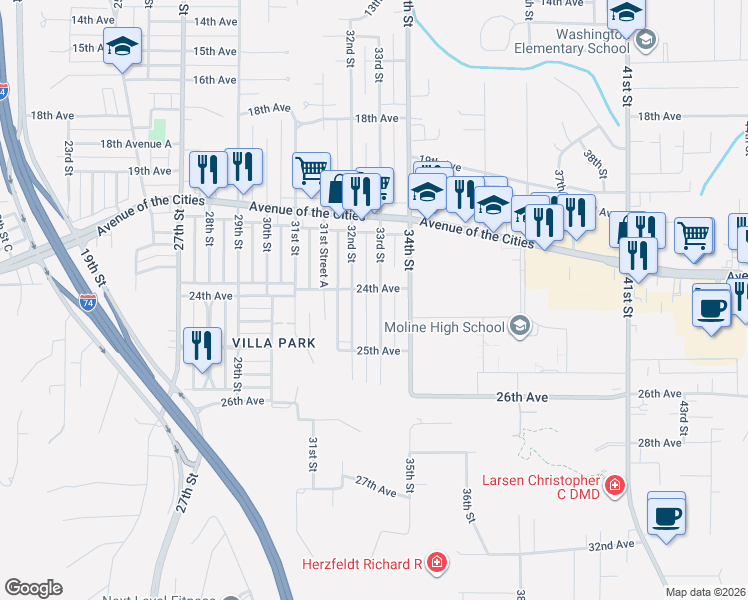 map of restaurants, bars, coffee shops, grocery stores, and more near 2433 33rd Street in Moline