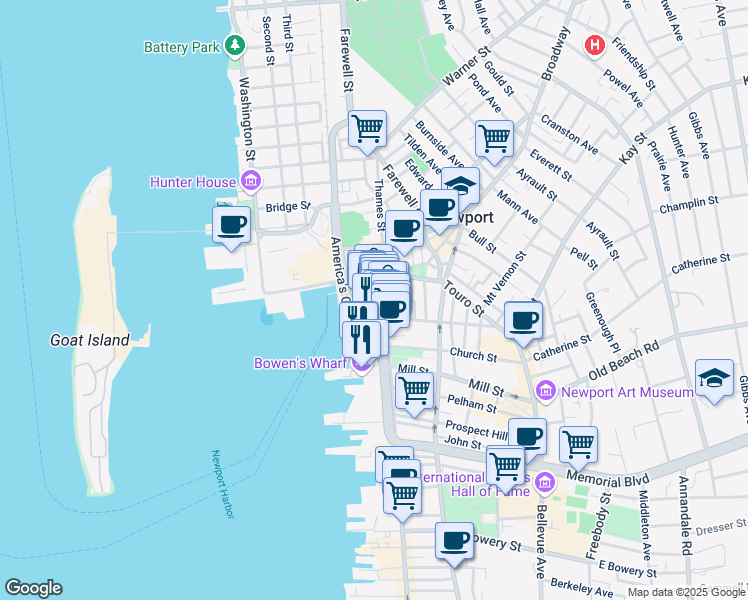 map of restaurants, bars, coffee shops, grocery stores, and more near 216 Goddard Row in Newport