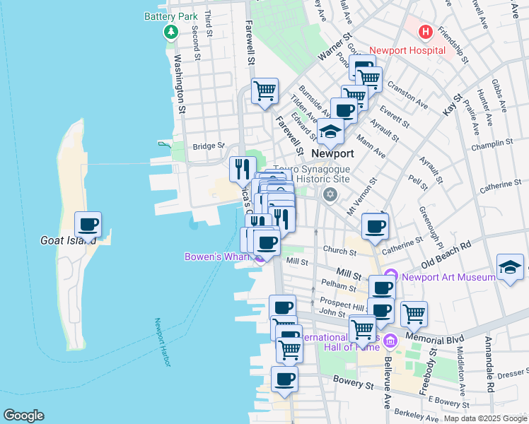 map of restaurants, bars, coffee shops, grocery stores, and more near 303 Swans Wharf Row in Newport