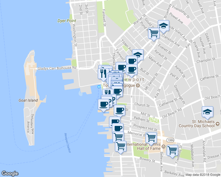 map of restaurants, bars, coffee shops, grocery stores, and more near 302 Swans Wharf Row in Newport