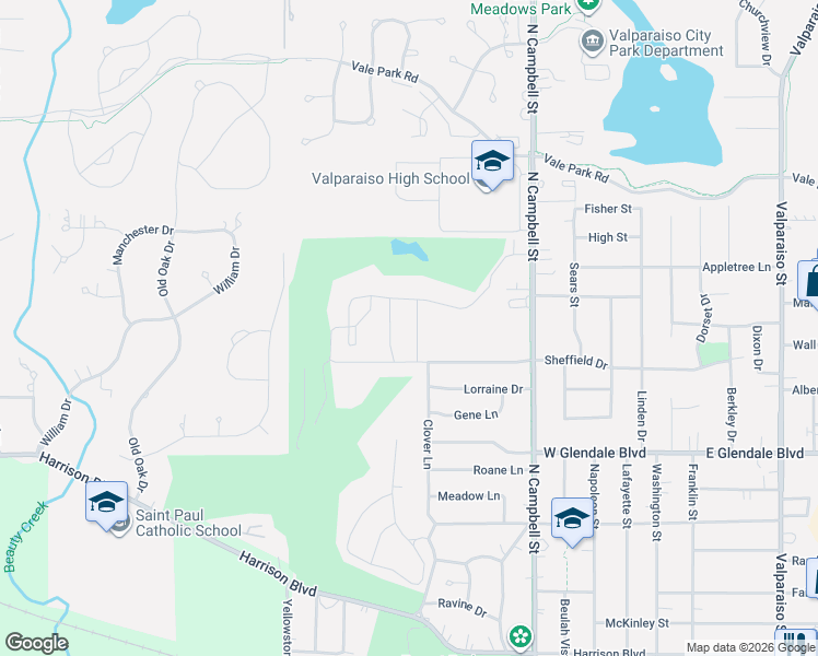map of restaurants, bars, coffee shops, grocery stores, and more near 2204 Clover Lane in Valparaiso