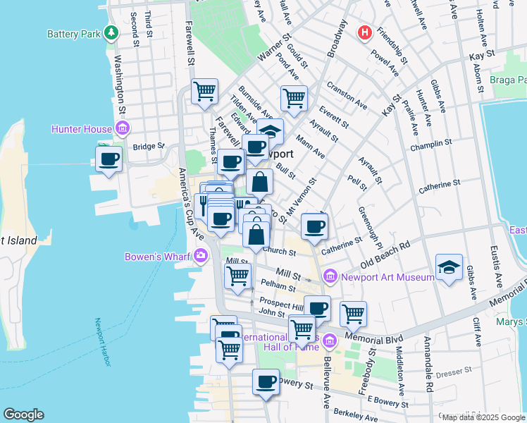 map of restaurants, bars, coffee shops, grocery stores, and more near 41 Mary Street in Newport