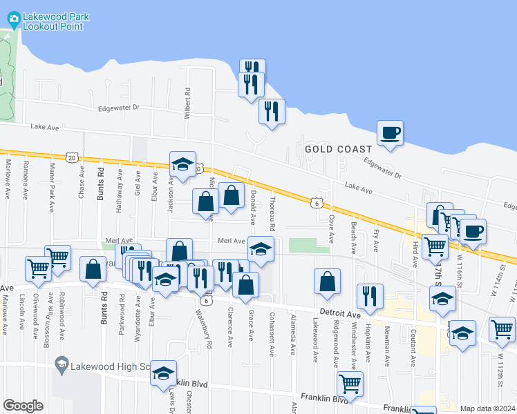 map of restaurants, bars, coffee shops, grocery stores, and more near 1247 Donald Avenue in Lakewood