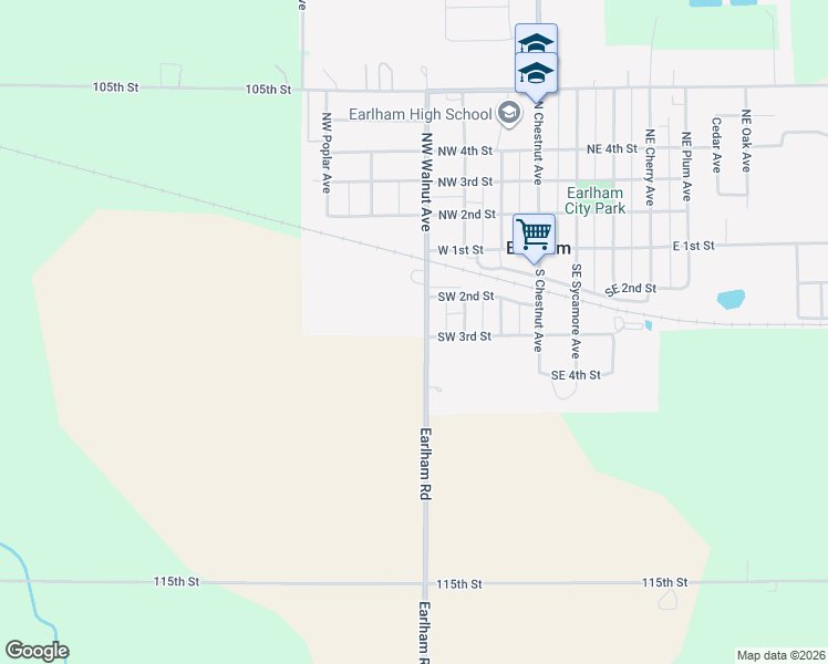 map of restaurants, bars, coffee shops, grocery stores, and more near 360 Southwest Walnut Avenue in Earlham