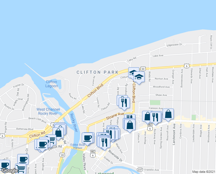 map of restaurants, bars, coffee shops, grocery stores, and more near 18140 Clifton Road in Lakewood
