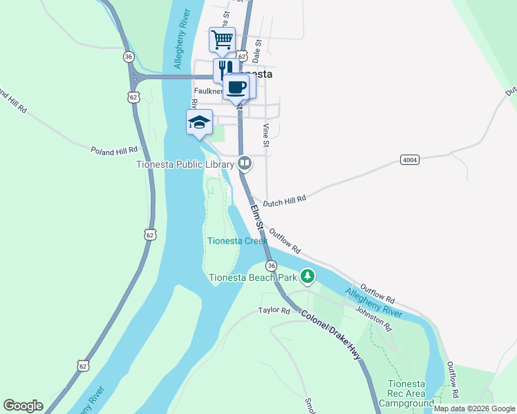map of restaurants, bars, coffee shops, grocery stores, and more near 100-132 S Elm St in Tionesta