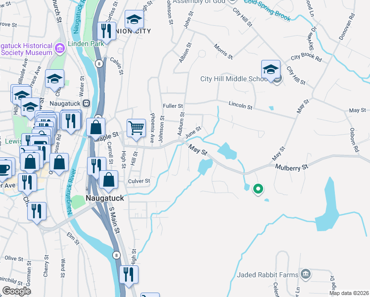 map of restaurants, bars, coffee shops, grocery stores, and more near 16 Bird Road in Naugatuck
