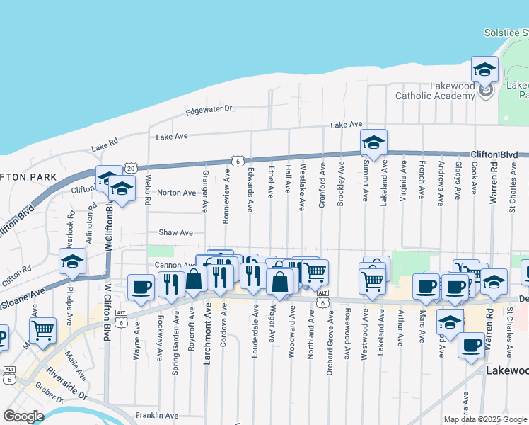map of restaurants, bars, coffee shops, grocery stores, and more near 1286 Ethel Avenue in Lakewood