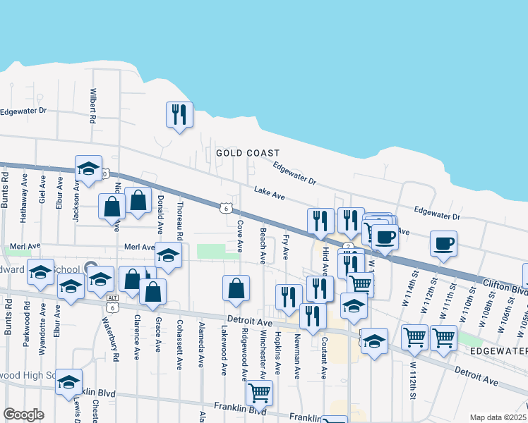 map of restaurants, bars, coffee shops, grocery stores, and more near 12200 Clifton Boulevard in Lakewood
