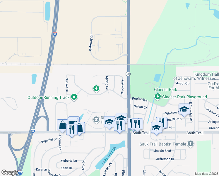 map of restaurants, bars, coffee shops, grocery stores, and more near 22073 Spring Lane in Richton Park