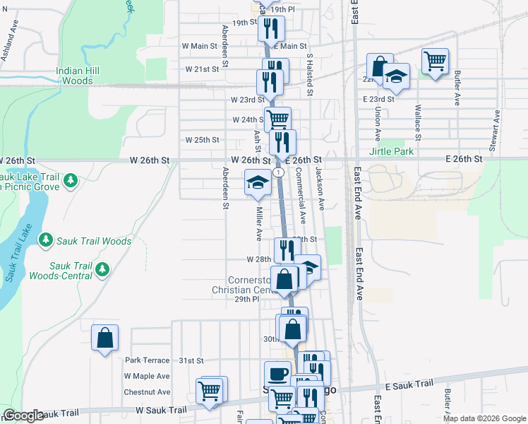 map of restaurants, bars, coffee shops, grocery stores, and more near 122 West 28th Place in South Chicago Heights