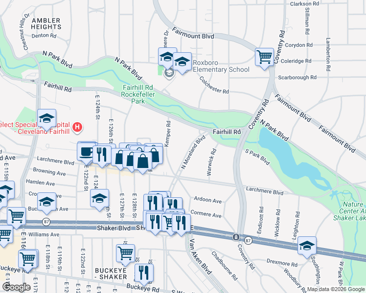 map of restaurants, bars, coffee shops, grocery stores, and more near 2540 North Moreland Boulevard in Shaker Heights