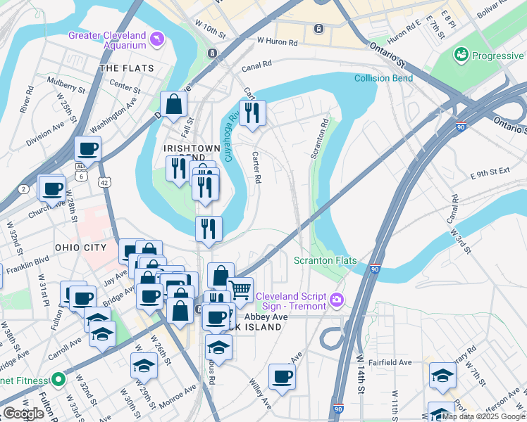 map of restaurants, bars, coffee shops, grocery stores, and more near 2035 Carter Road in Cleveland