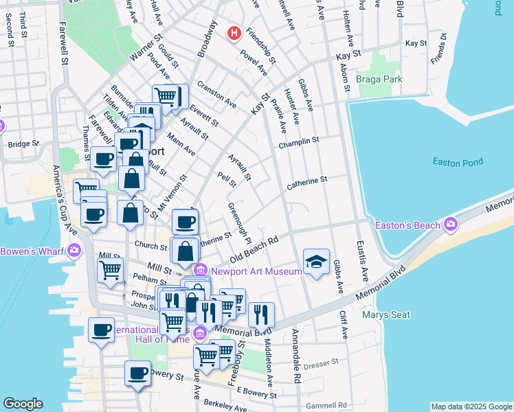 map of restaurants, bars, coffee shops, grocery stores, and more near 33 Catherine Street in Newport