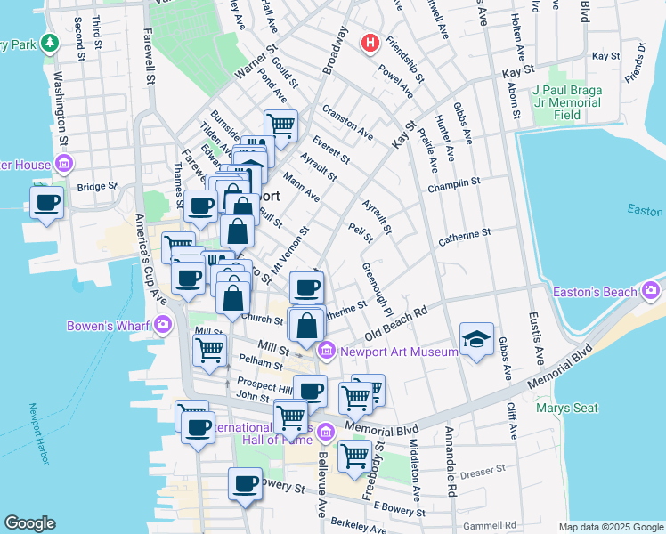 map of restaurants, bars, coffee shops, grocery stores, and more near 15 Brinley Street in Newport