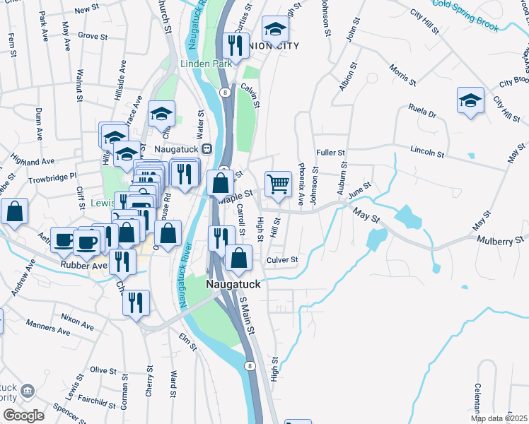 map of restaurants, bars, coffee shops, grocery stores, and more near 66 Hill Street in Naugatuck