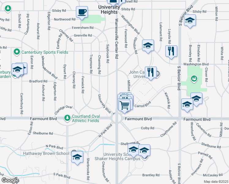 map of restaurants, bars, coffee shops, grocery stores, and more near 2612 Warrensville Center Road in Cleveland