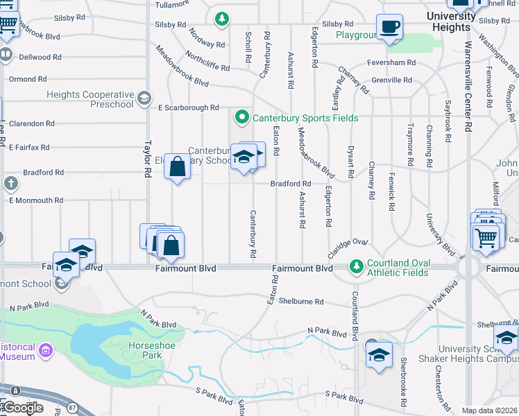 map of restaurants, bars, coffee shops, grocery stores, and more near 2609 Canterbury Road in Cleveland Heights