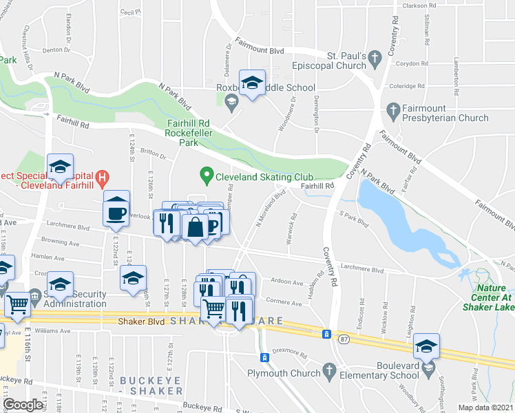 map of restaurants, bars, coffee shops, grocery stores, and more near 2563 North Moreland Boulevard in Shaker Heights