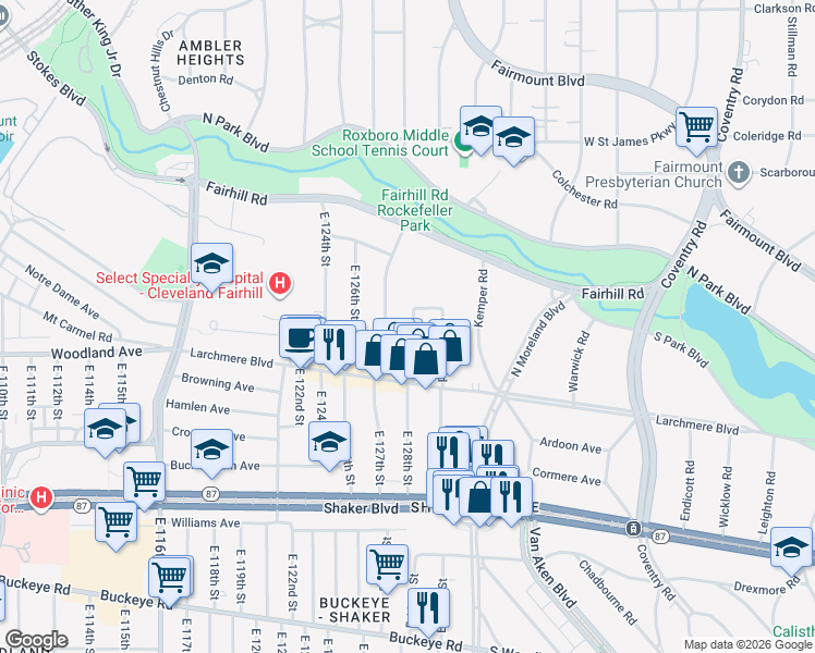 map of restaurants, bars, coffee shops, grocery stores, and more near 2567 Kendall Road in Shaker Heights