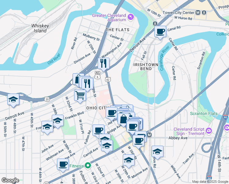 map of restaurants, bars, coffee shops, grocery stores, and more near in Cleveland