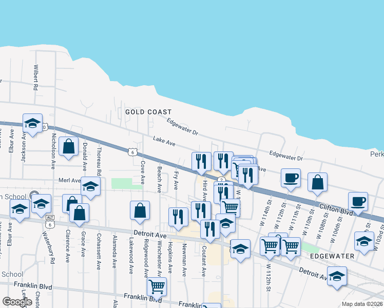 map of restaurants, bars, coffee shops, grocery stores, and more near 11828 Clifton Boulevard in Lakewood