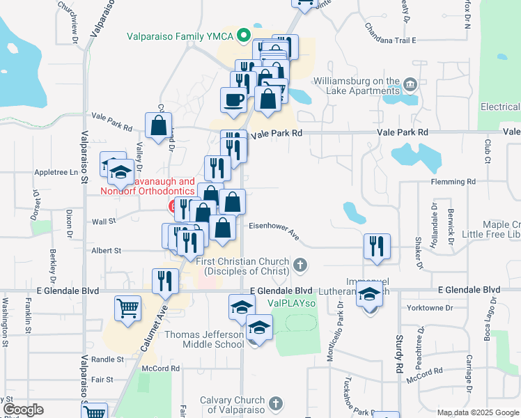 map of restaurants, bars, coffee shops, grocery stores, and more near 1301 Eisenhower Avenue in Valparaiso