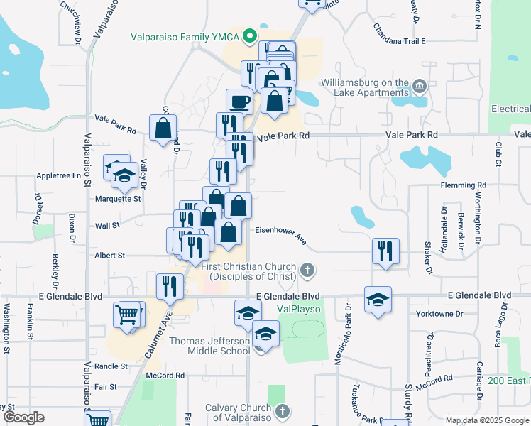 map of restaurants, bars, coffee shops, grocery stores, and more near 1301 Eisenhower Avenue in Valparaiso