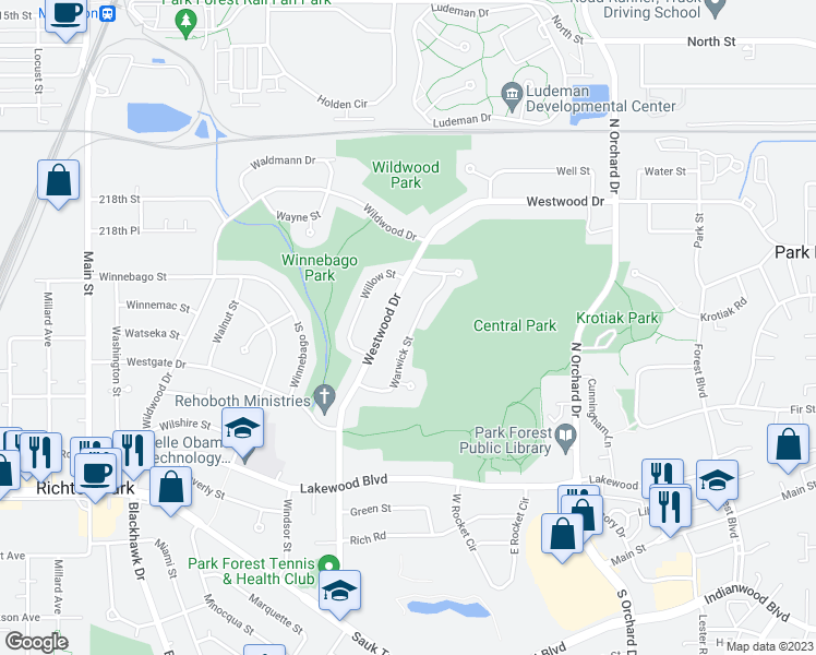 map of restaurants, bars, coffee shops, grocery stores, and more near 127 Warwick Street in Park Forest