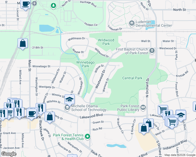 map of restaurants, bars, coffee shops, grocery stores, and more near 193 Westwood Drive in Park Forest