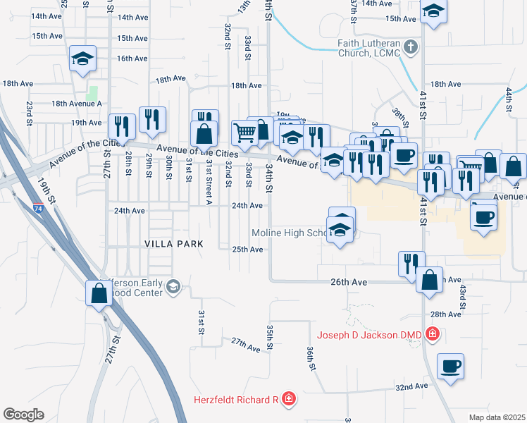 map of restaurants, bars, coffee shops, grocery stores, and more near 2413 34th Street in Moline