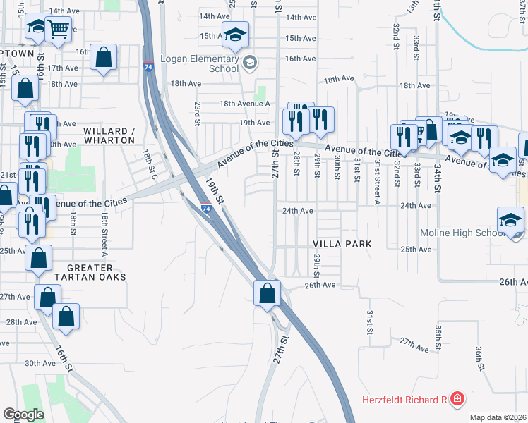 map of restaurants, bars, coffee shops, grocery stores, and more near 2401 27th Street in Moline