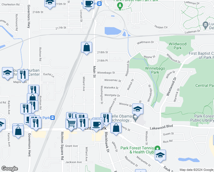 map of restaurants, bars, coffee shops, grocery stores, and more near 414 Watseka Street in Park Forest