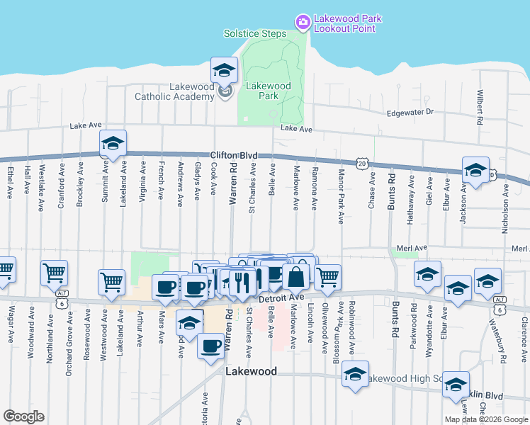 map of restaurants, bars, coffee shops, grocery stores, and more near 1285 Saint Charles Avenue in Lakewood