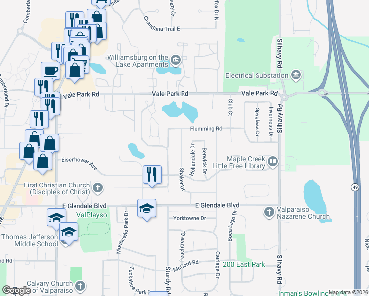 map of restaurants, bars, coffee shops, grocery stores, and more near 2203 Shaker Drive in Valparaiso