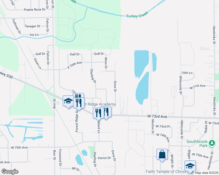 map of restaurants, bars, coffee shops, grocery stores, and more near 7206 Dove Dr in Schererville