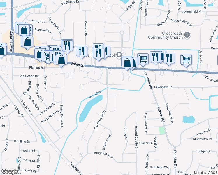 map of restaurants, bars, coffee shops, grocery stores, and more near 2416-2420 Castlewood Dr in Dyer
