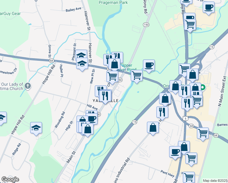 map of restaurants, bars, coffee shops, grocery stores, and more near 396 Main Street in Wallingford