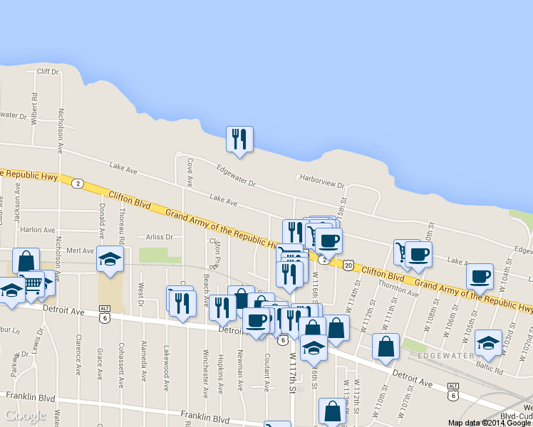 map of restaurants, bars, coffee shops, grocery stores, and more near 11828 Clifton Boulevard in Lakewood