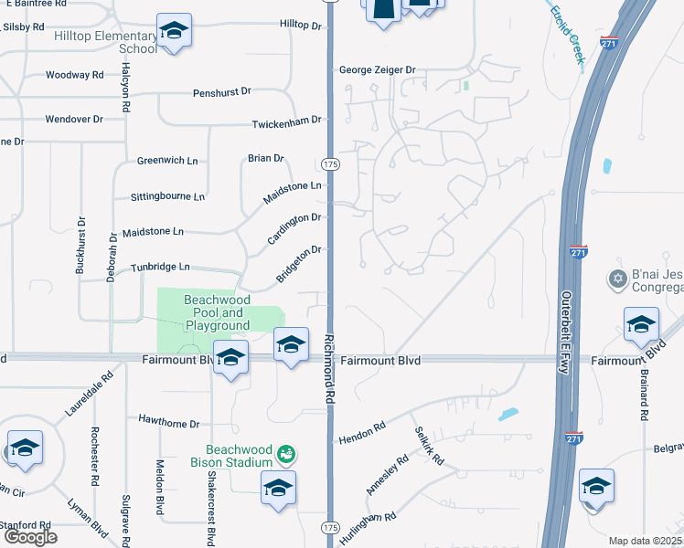 map of restaurants, bars, coffee shops, grocery stores, and more near 2577 Richmond Road in Beachwood