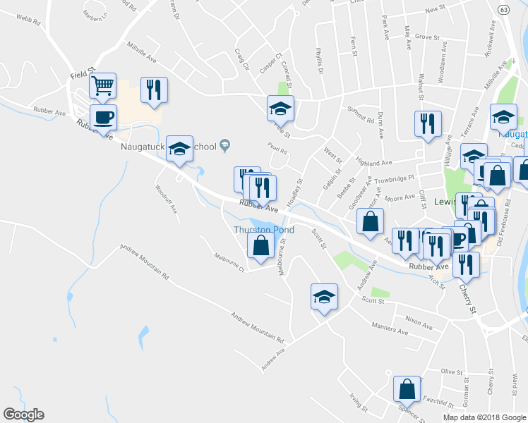 map of restaurants, bars, coffee shops, grocery stores, and more near 400 Rubber Avenue in Naugatuck
