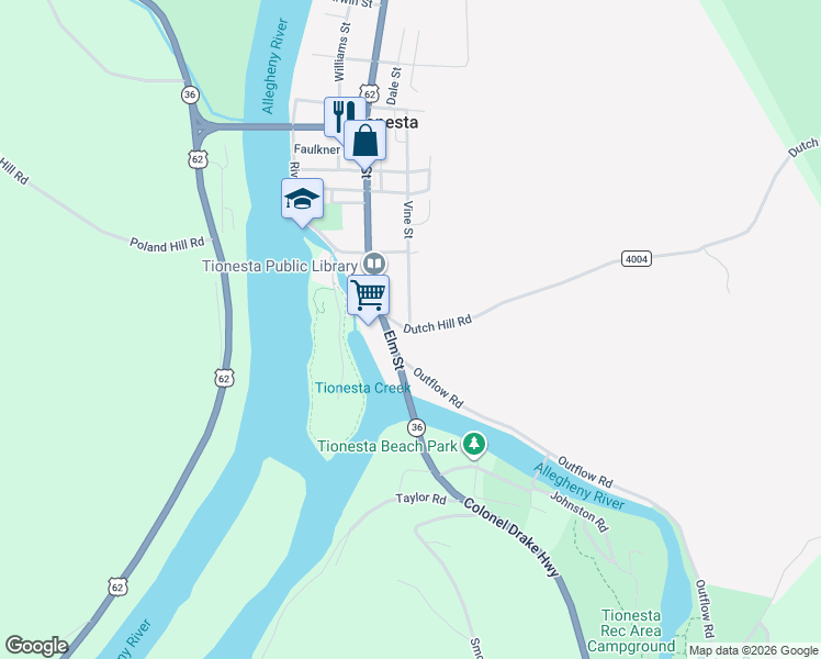 map of restaurants, bars, coffee shops, grocery stores, and more near 100-132 S Elm St in Tionesta