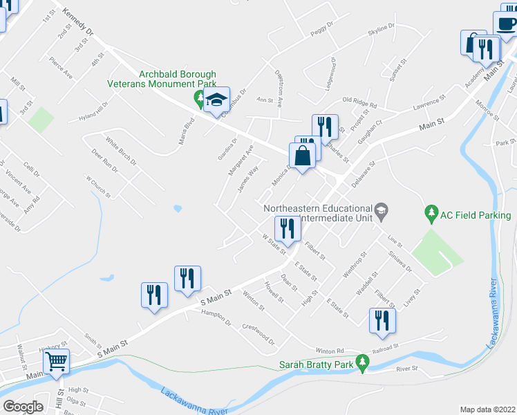 map of restaurants, bars, coffee shops, grocery stores, and more near 106 Lisa Drive in Archbald